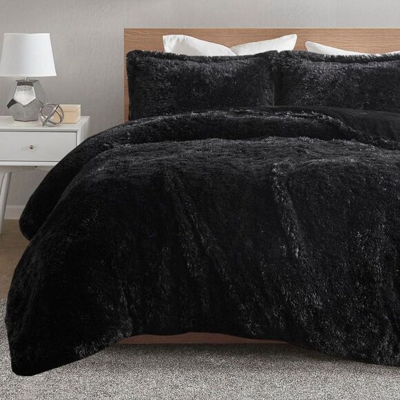 Intelligent Design - Malea Shaggy Faux-Fur Duvet Cover Sets - Black - Picture 1 of 10